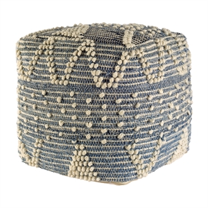Maklaine Mid-Century Blue Denim and Ivory Cotton Stitched Square Pouf