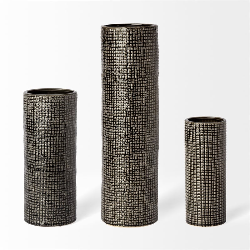 Maklaine Contemporary Large Black/Gold Cylindrical Ceramic Vase