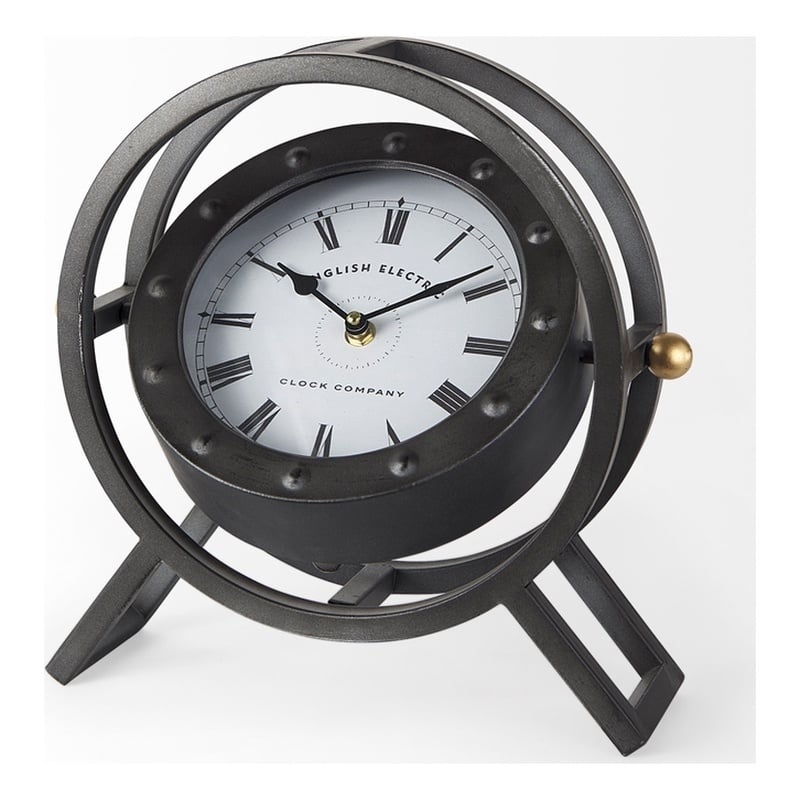 Maklaine Traditional Metal Circular Table Clock in Gray Finish