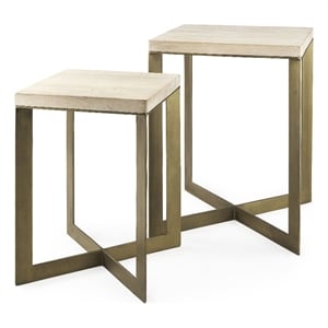 Maklaine Light Brown Wood with Gold Metal Base Accent Tables