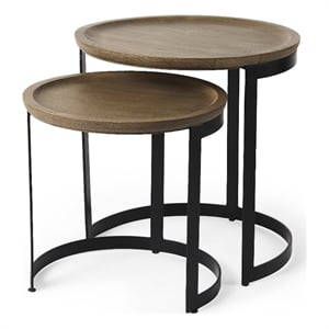 Maklaine 19.3L x 19.3W x 19H Brown Wood with Black Metal Nesting Side Tables