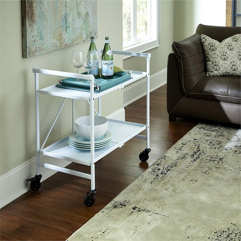 Maklaine Transitional Smartfold Folding Serving Bar Cart in White