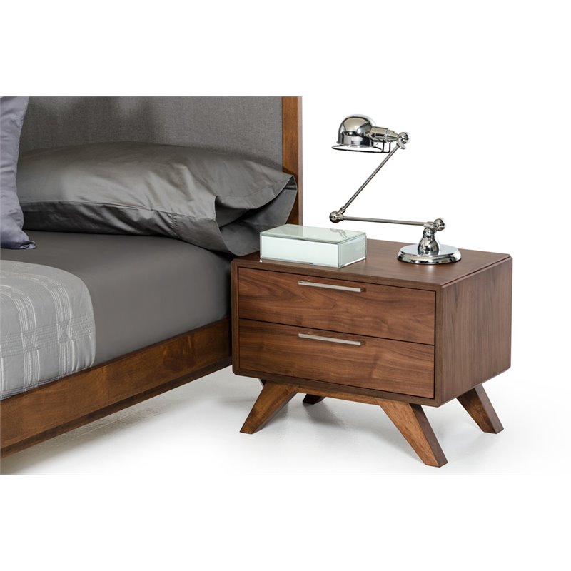 Maklaine Modern Wood and Stainless Steel Bedroom Nightstand in Walnut