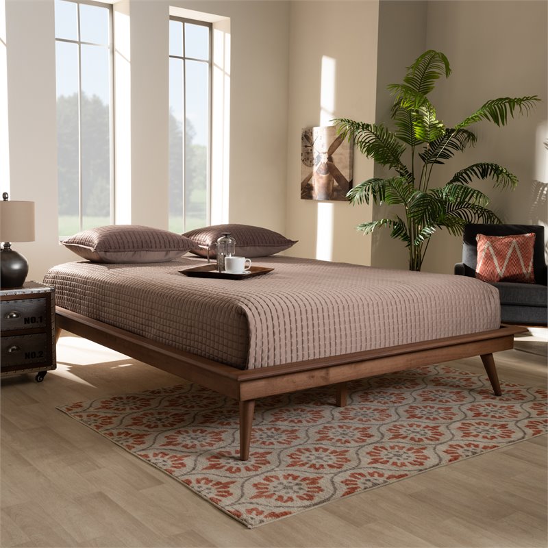 Maklaine Mid-Century Wood Queen Platform Bed in Walnut Brown