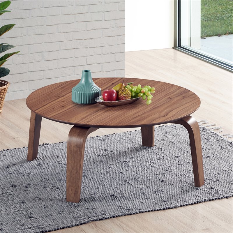 Maklaine Wood Mid-Century Round Shape Coffee Table in Brown Finish