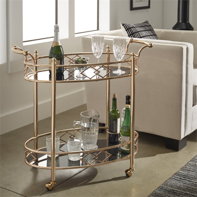 Maklaine Contemporary Metal & Glass Bar Cart Rose Gold/Black