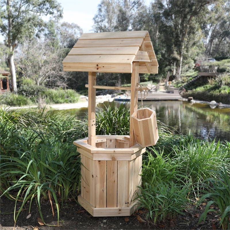Maklaine Transitional Cedar Wood Decorative Wishing Well in Beige