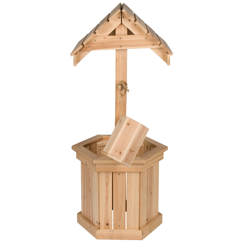 Maklaine Transitional Cedar Wood Decorative Wishing Well in Beige