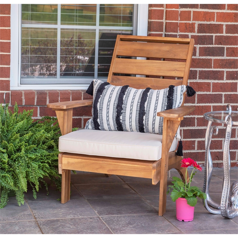 Maklaine Acacia Wood Outdoor Slat Back Chair with Cushion in Brown Finish