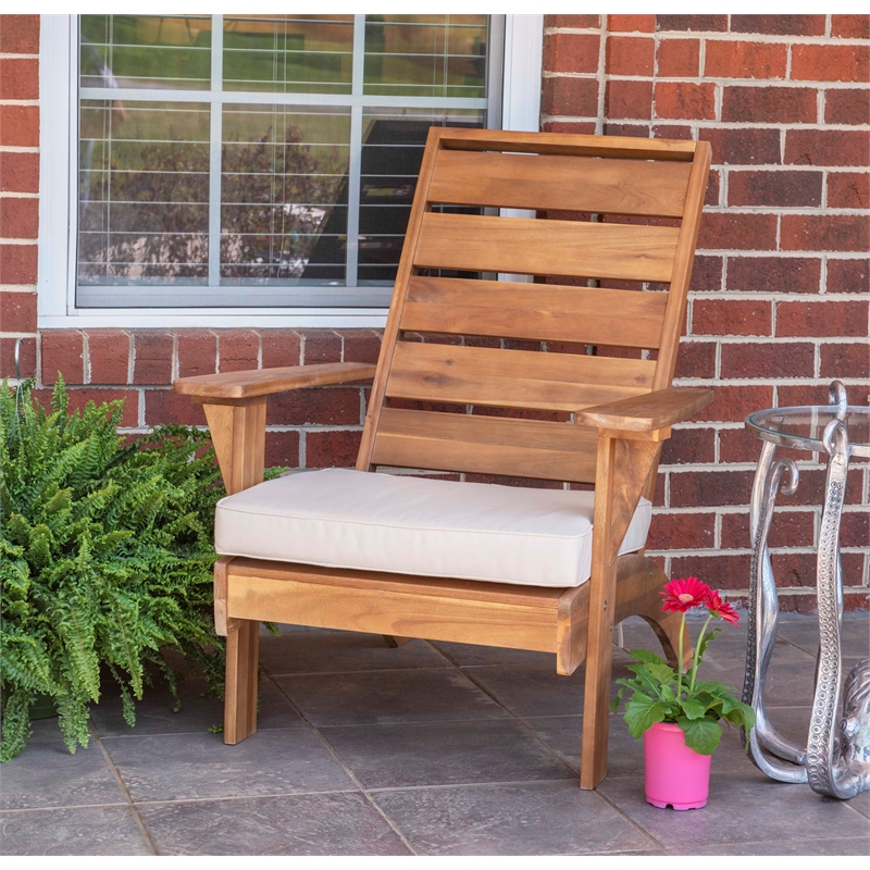 Maklaine Acacia Wood Outdoor Slat Back Chair with Cushion in Brown Finish