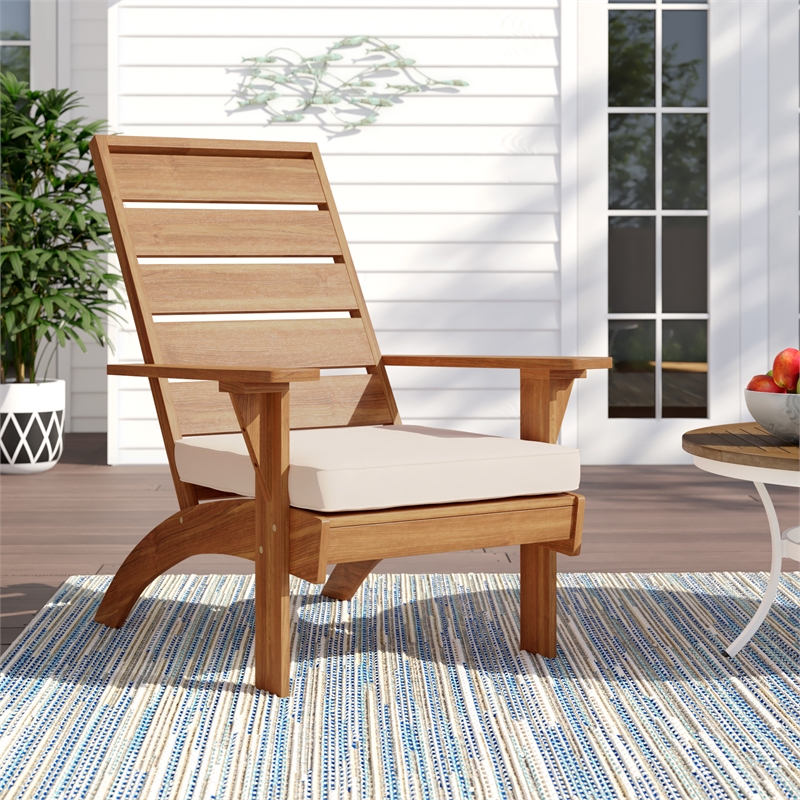 Maklaine Acacia Wood Outdoor Slat Back Chair with Cushion in Brown Finish
