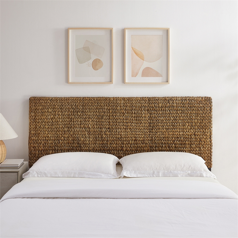 Maklaine Contemporary Wood/Rattan King Headboard in Sea Grass