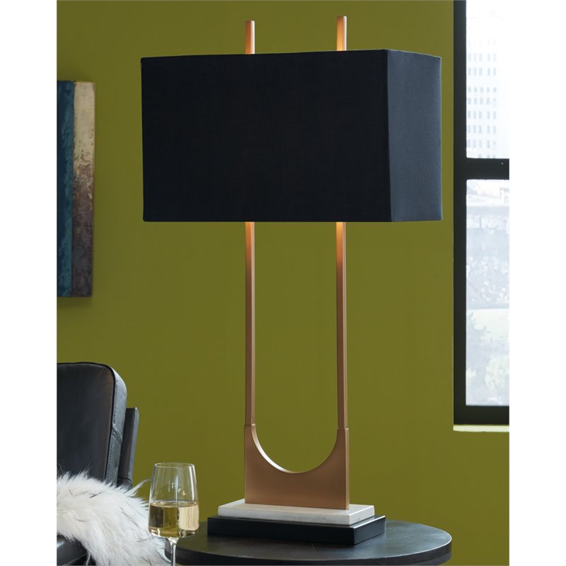 Maklaine Contemporary Metal Table Lamp with Fabric Shade in Brass