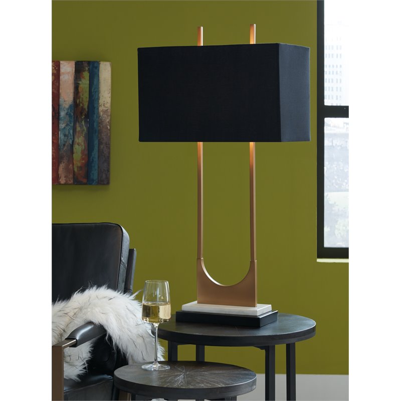 Maklaine Contemporary Metal Table Lamp with Fabric Shade in Brass
