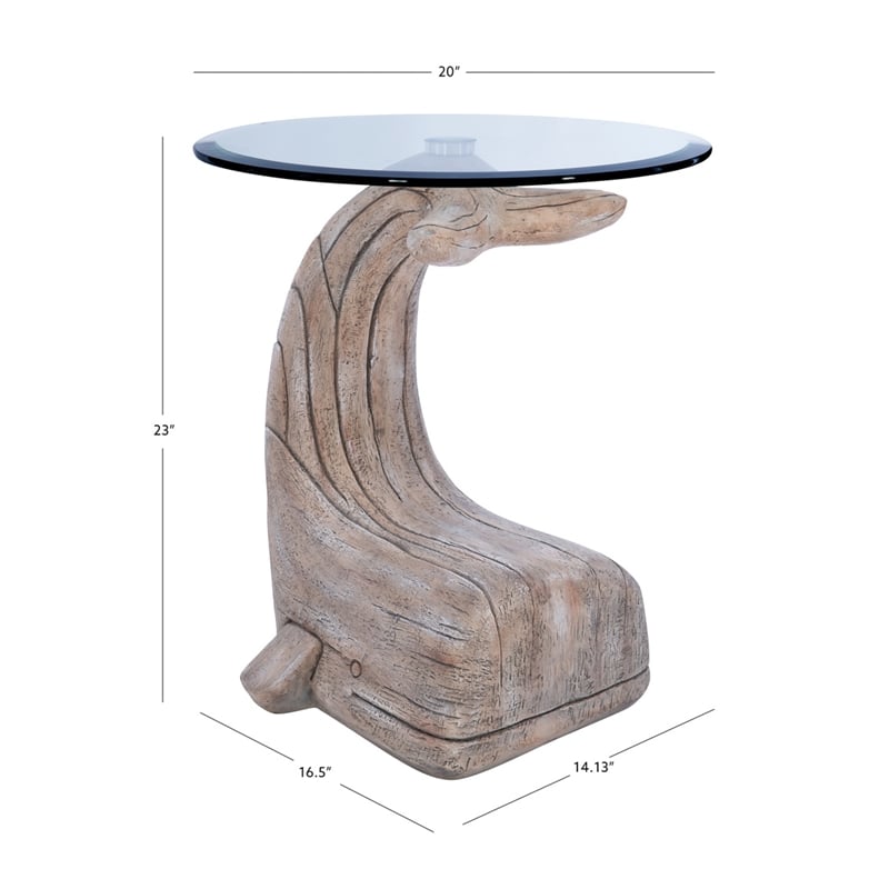 Maklaine Whale Sculptured Resin & Glass Top Rustic Accent Table in Driftwood