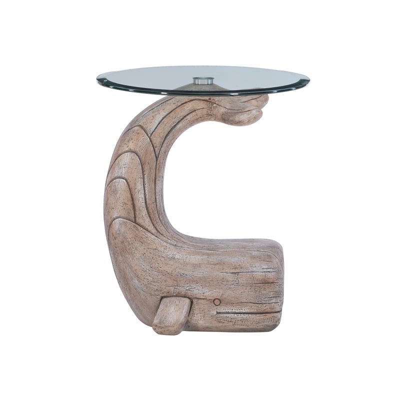 Maklaine Whale Sculptured Resin & Glass Top Rustic Accent Table in Driftwood
