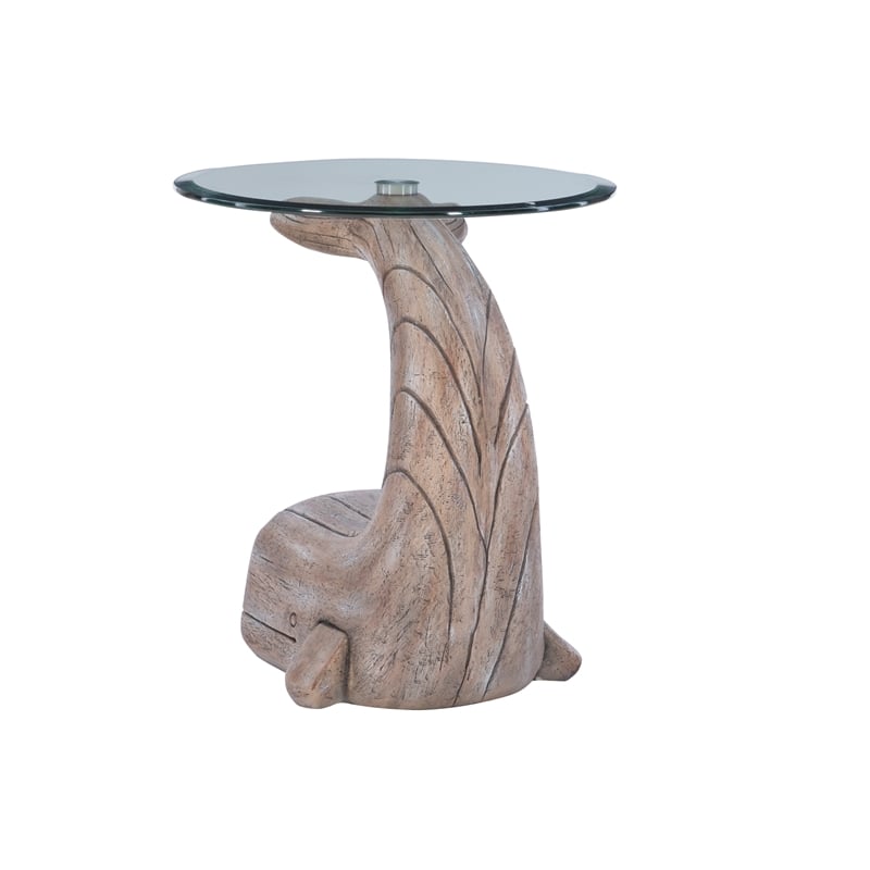 Maklaine Whale Sculptured Resin & Glass Top Rustic Accent Table in Driftwood