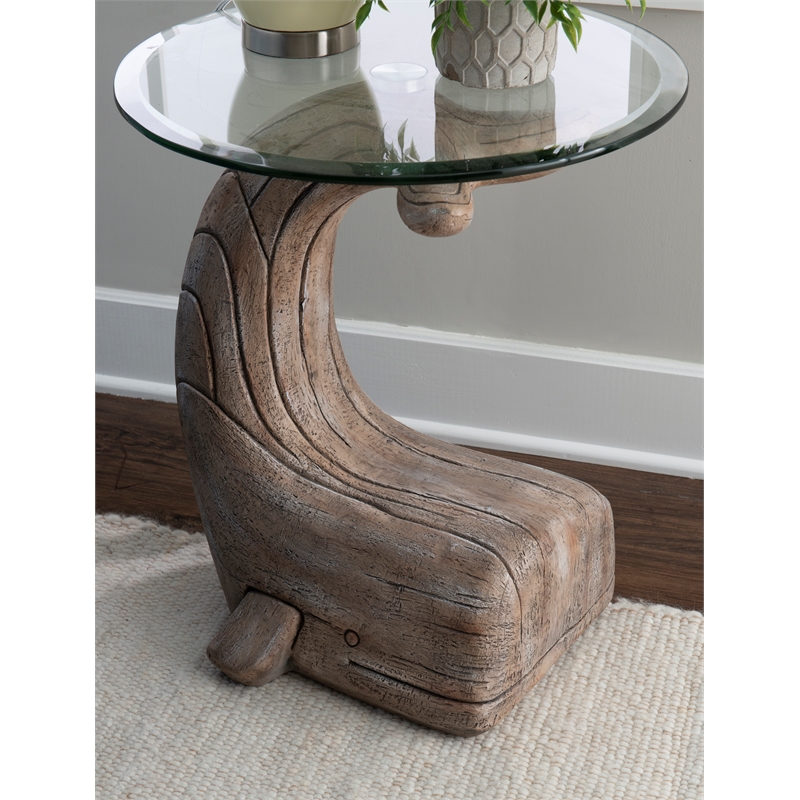 Maklaine Whale Sculptured Resin & Glass Top Rustic Accent Table in Driftwood