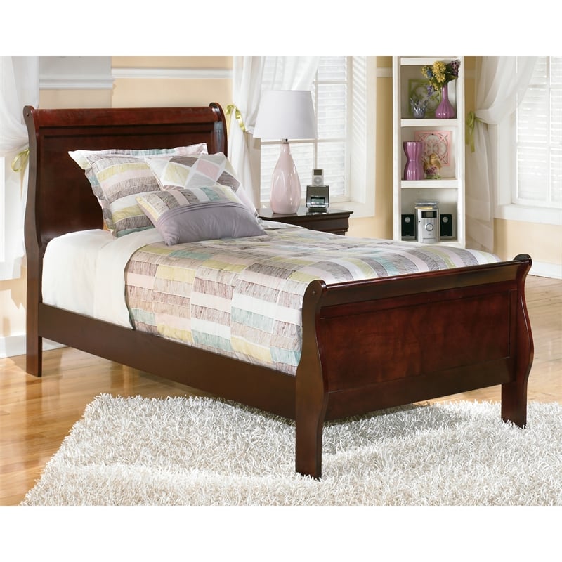 Maklaine Modern Traditional Sleigh Twin Bed in Warm Dark Brown