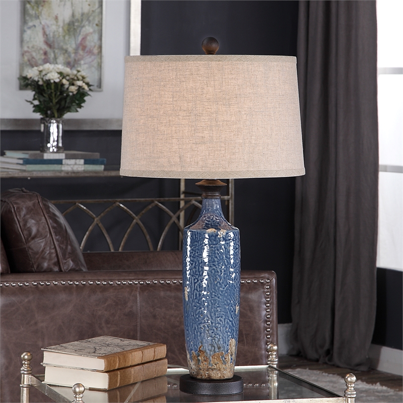 Maklaine 1-Light Coastal Ceramic Table Lamp in Blue/Dark Khaki