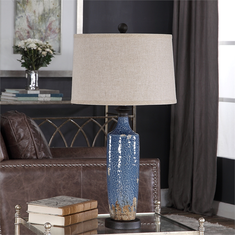 Maklaine 1-Light Coastal Ceramic Table Lamp in Blue/Dark Khaki