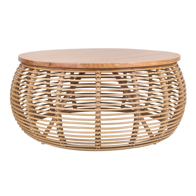 Maklaine Coastal Round Rattan Coffee Table in Brown/Natural Honey