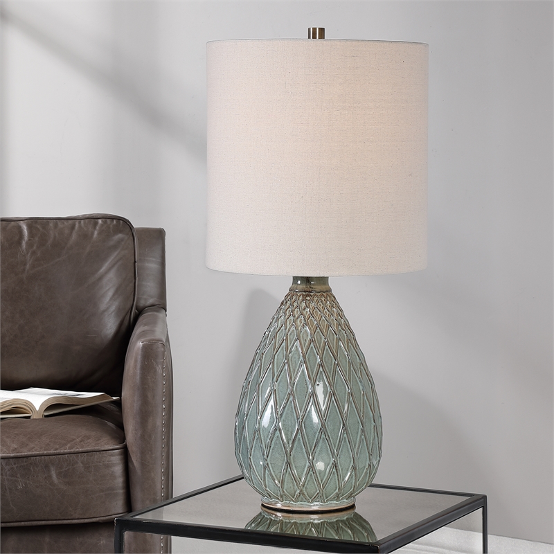 Maklaine 1-Light Coastal Ceramic/Steel Table Lamp in Aqua Blue