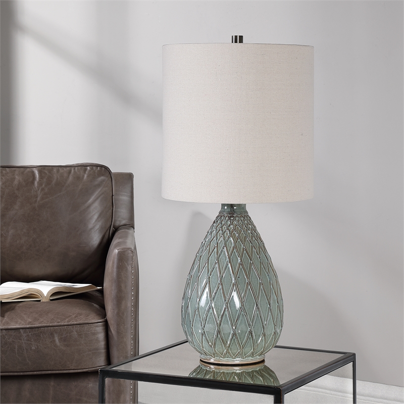 Maklaine 1-Light Coastal Ceramic/Steel Table Lamp in Aqua Blue