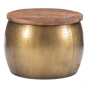 Maklaine Contemporary Metal Drum Table with Storage in Brass