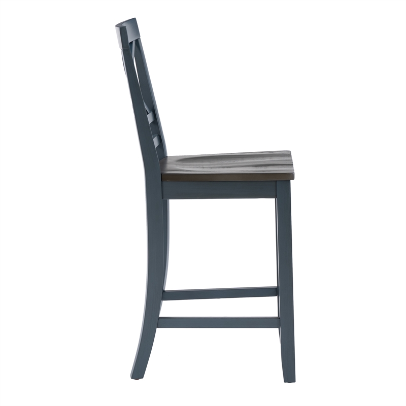Maklaine Wood X Back 2 Tone Counter Stool Set of 2 in Slate Blue