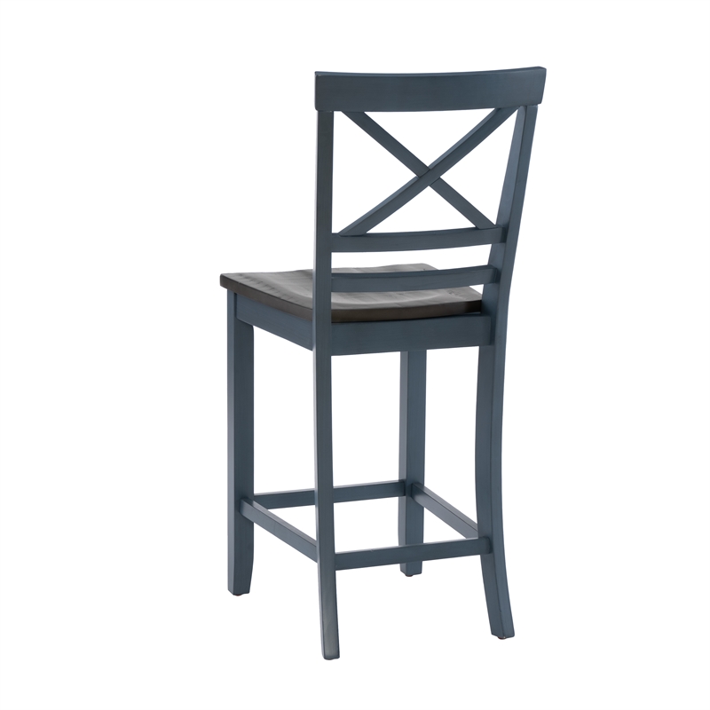 Maklaine Wood X Back 2 Tone Counter Stool Set of 2 in Slate Blue