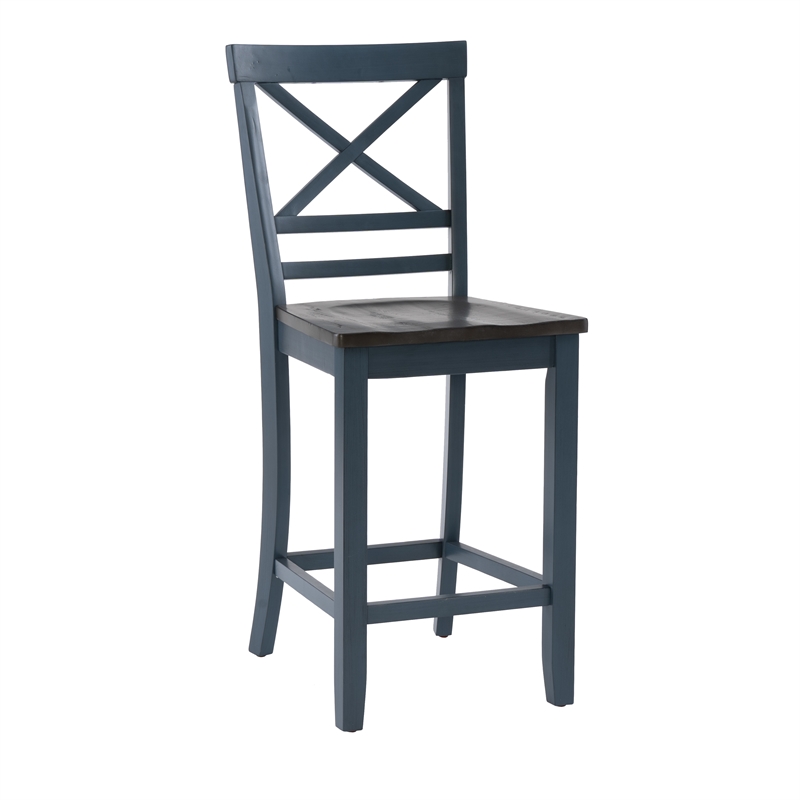 Maklaine Wood X Back 2 Tone Counter Stool Set of 2 in Slate Blue