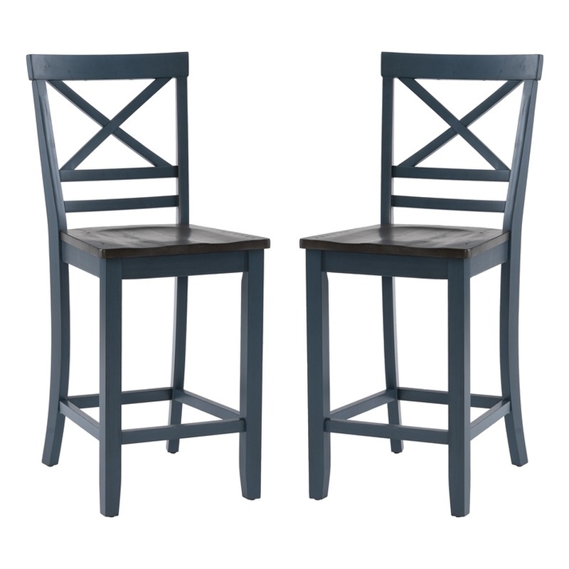 Maklaine Wood X Back 2 Tone Counter Stool Set of 2 in Slate Blue