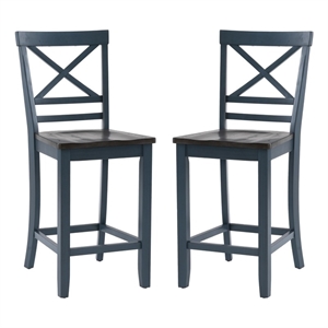 Maklaine Wood X Back 2 Tone Counter Stool Set of 2 in Slate Blue