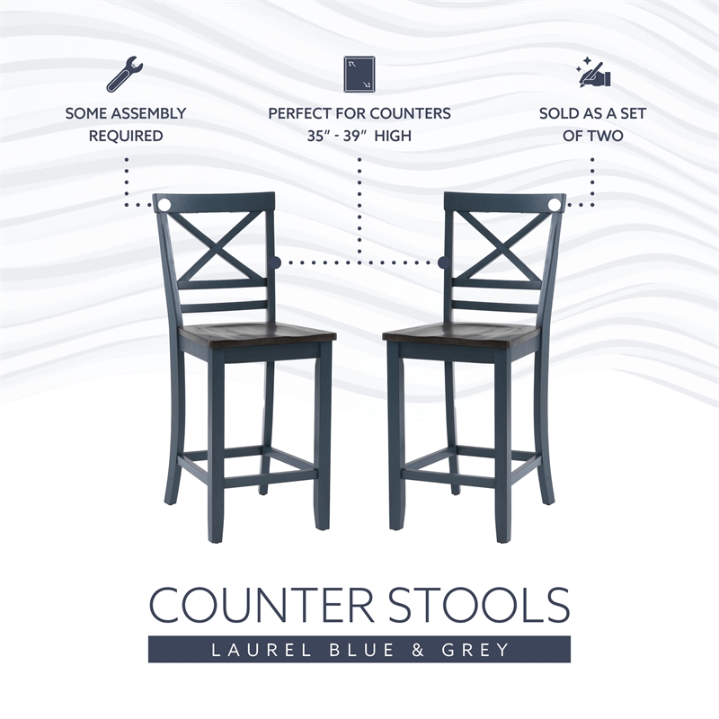 Maklaine Wood X Back 2 Tone Counter Stool Set of 2 in Slate Blue