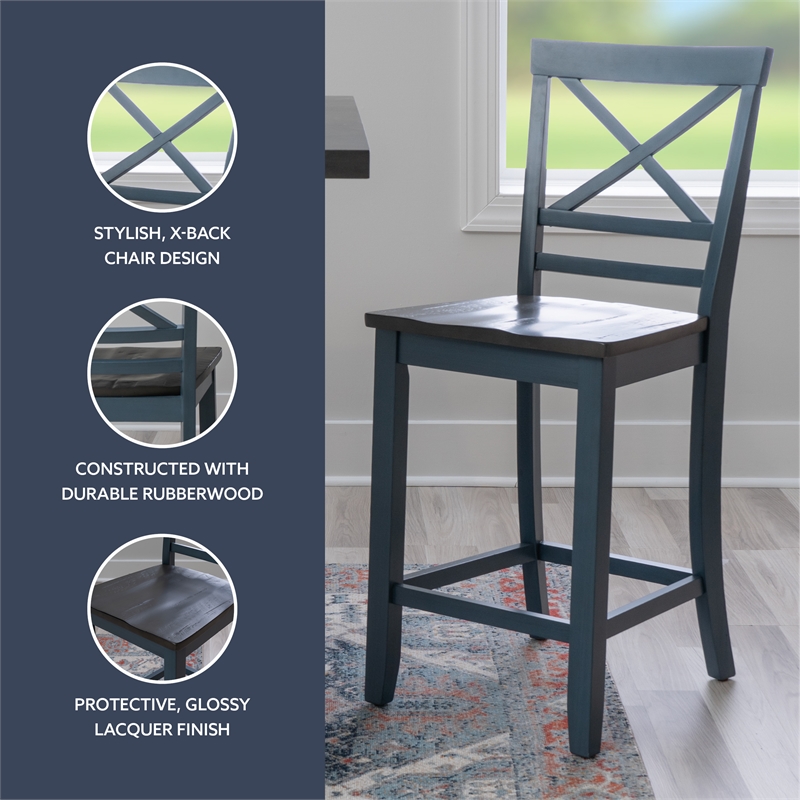 Maklaine Wood X Back 2 Tone Counter Stool Set of 2 in Slate Blue