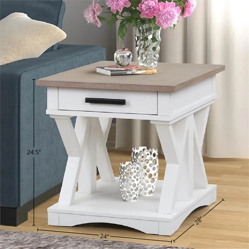 Maklaine Modern Traditional Wood End Table in White and Natural