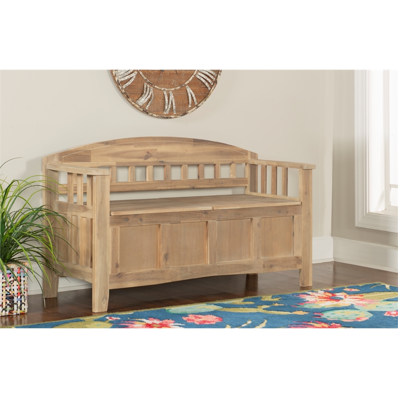 Maklaine Entryway Wood Split Seat Storage Bench in Washed Natural