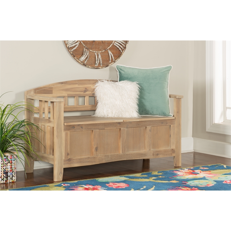 Maklaine Entryway Wood Split Seat Storage Bench in Washed Natural