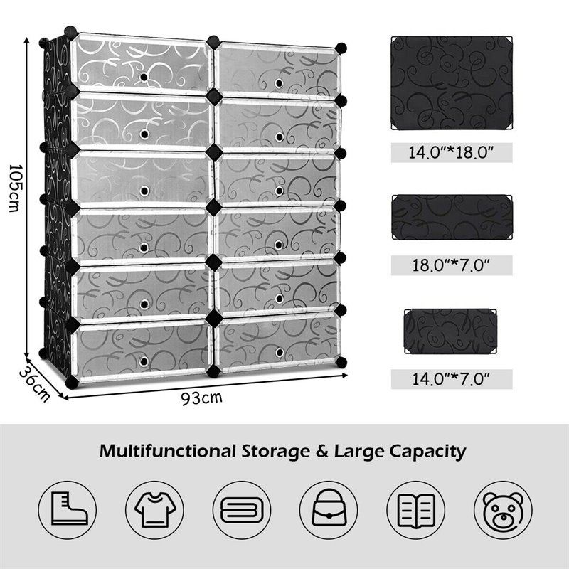 Maklaine 12-cubic Contemporary Plastic Shoe Rack Cabinet in Black