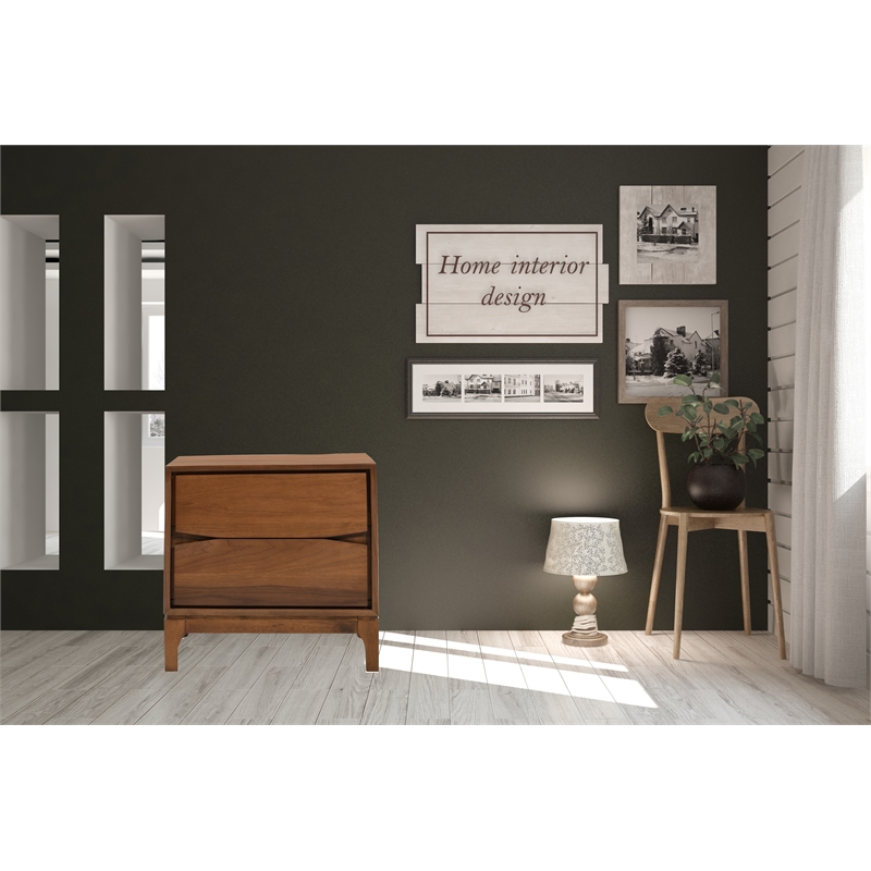 Maklaine Mid-Century 2 Drawer Solid Wood Night Stand in Walnut