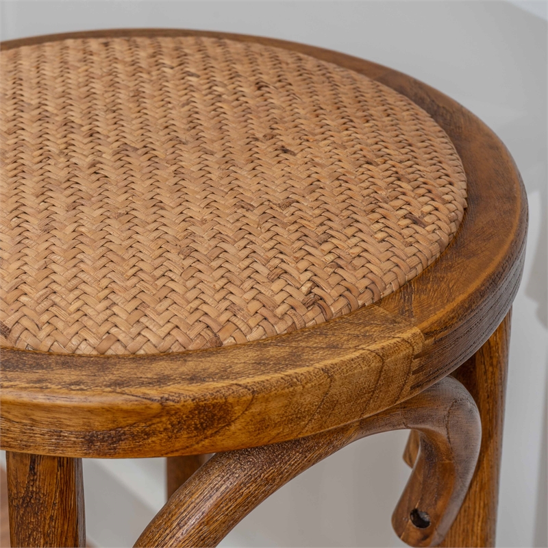 Maklaine Round Backless Bar Stool Woven Seat in Walnut Brown Finished Wood