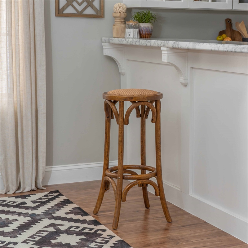Maklaine Round Backless Bar Stool Woven Seat in Walnut Brown Finished Wood