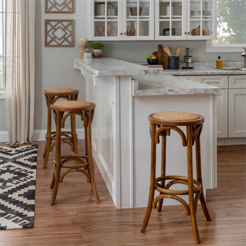 Maklaine Round Backless Bar Stool Woven Seat in Walnut Brown Finished Wood