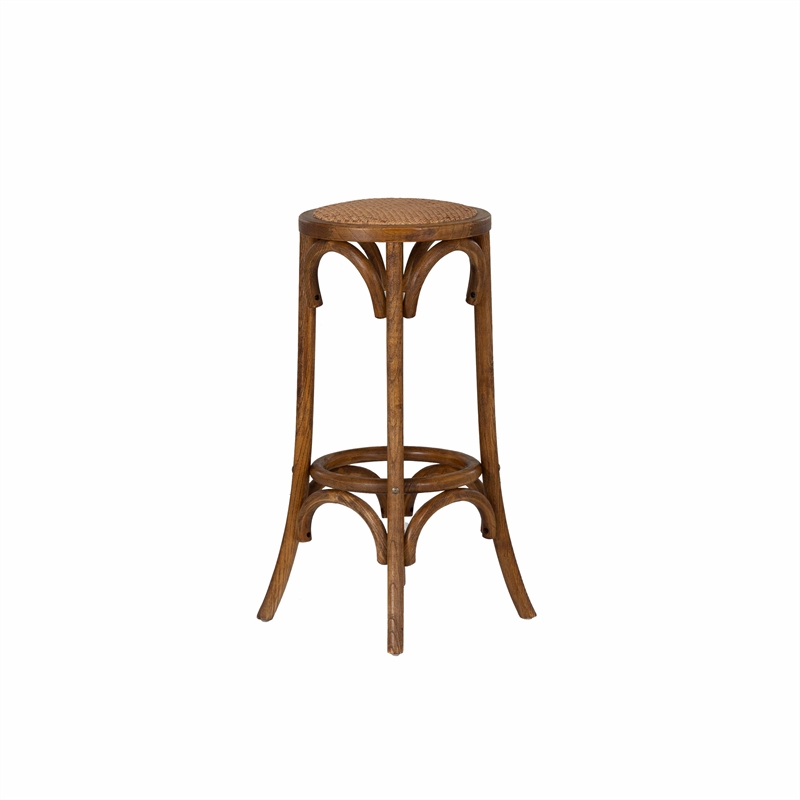 Maklaine Round Backless Bar Stool Woven Seat in Walnut Brown Finished Wood