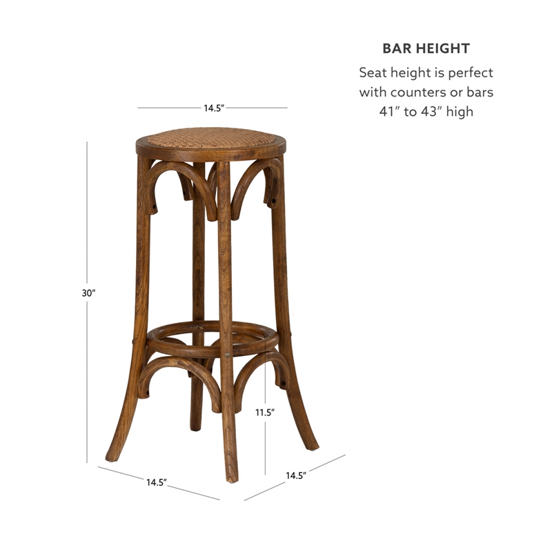 Maklaine Round Backless Bar Stool Woven Seat in Walnut Brown Finished Wood