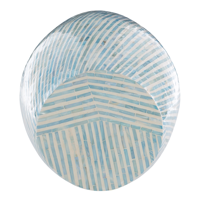 Maklaine Round Drum Table with Capiz Shell Finish in Light Blue/White