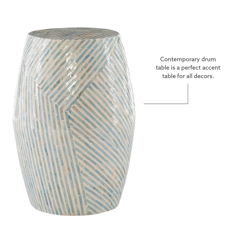 Maklaine Round Drum Table with Capiz Shell Finish in Light Blue/White
