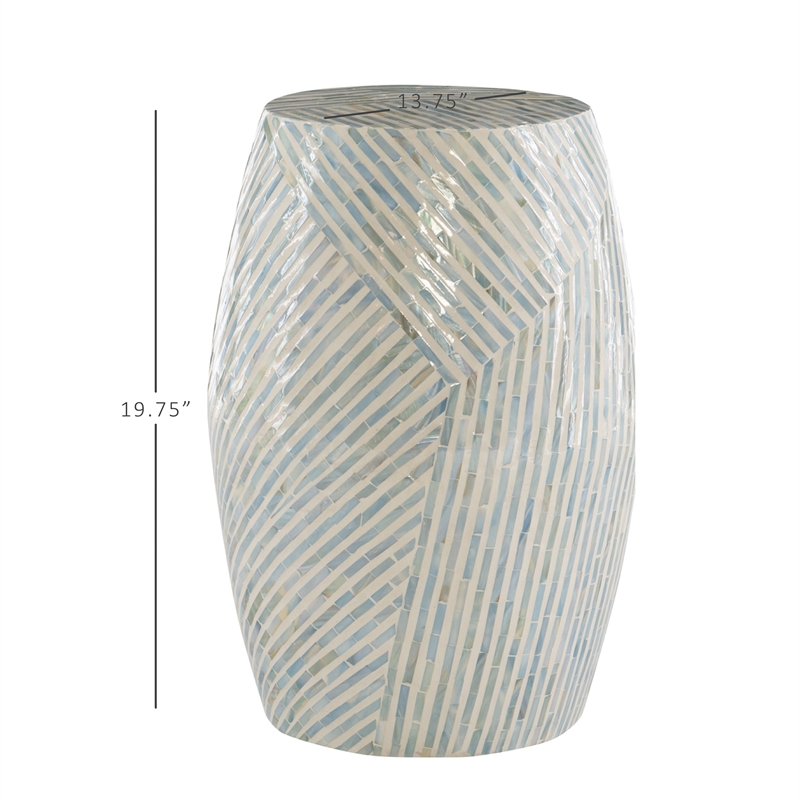 Maklaine Round Drum Table with Capiz Shell Finish in Light Blue/White