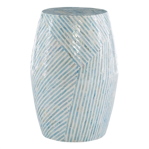 Maklaine Round Drum Table with Capiz Shell Finish in Light Blue/White